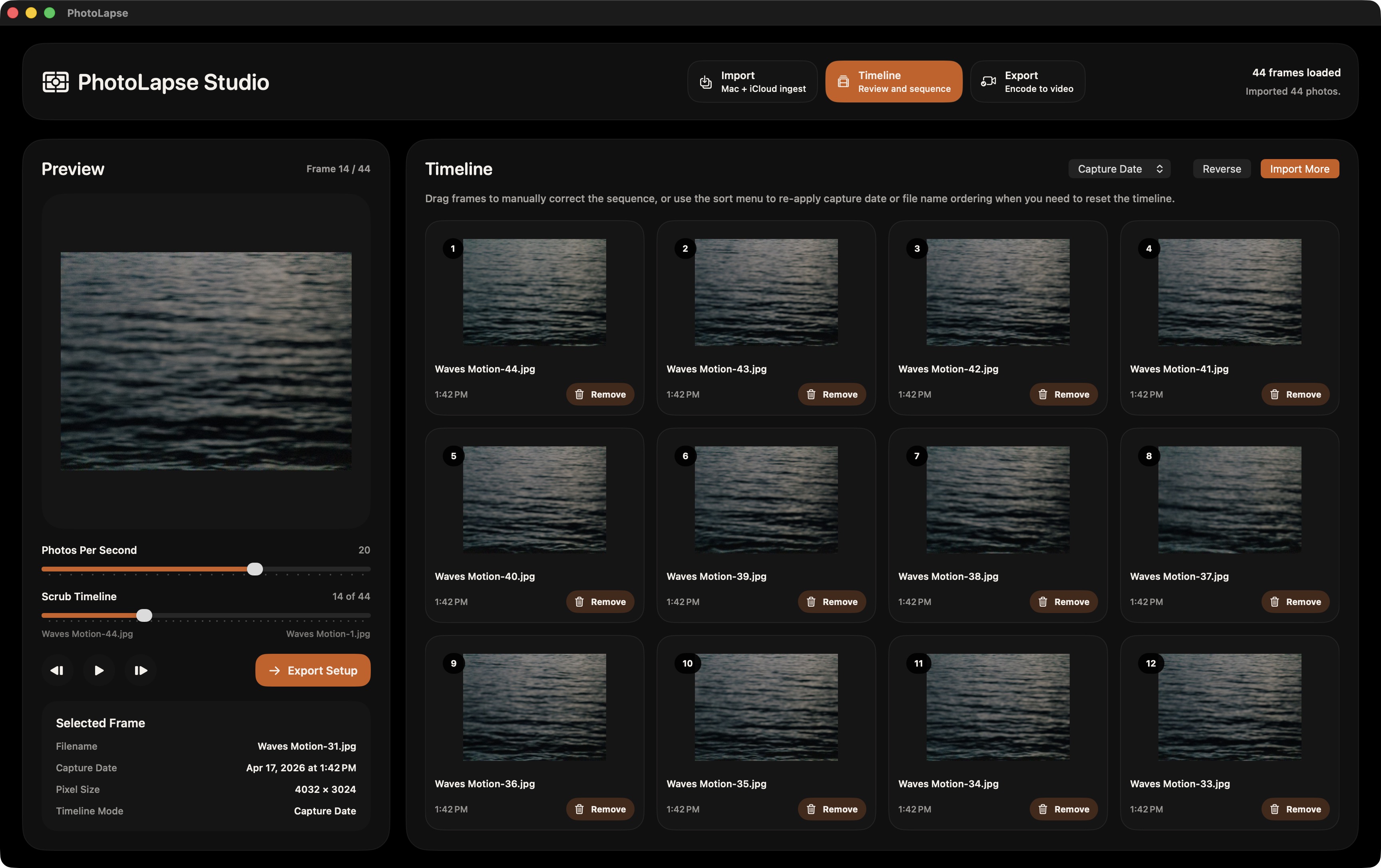 PhotoLapse timeline editing view